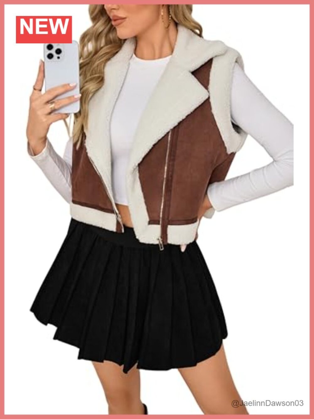 Womens Faux Suede Sherpa Vest Moto Zip-Up Sleeveless Coat